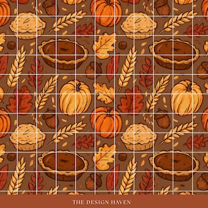 Puede incluir: Un patrón repetitivo sobre un fondo marrón con calabazas naranjas, bellotas marrones, tallos de trigo dorados, hojas de otoño rojas y amarillas, y pasteles redondos pequeños. El texto THE DESIGN HAVEN aparece en blanco en la parte inferior.
