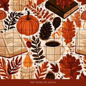 Puede incluir: Un patrón continuo con elementos otoñales que incluyen calabazas naranjas, piñas marrones, bellotas, hojas de roble rojas y naranjas, libros abiertos, una taza de café humeante y una vela encendida sobre un fondo crema con el texto THE TEMPLATE HAVEN.