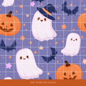 Halloween Seamless Pattern PNG, Pastel Purple Ghost Digital Paper, Cute Kawaii Pumpkin Clipart, Girly Halloween Print, Sublimation PDF