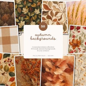 Puede incluir: Una colección de 50 fondos digitales de otoño con varios patrones estacionales que incluyen árboles, hojas de otoño, tallos de trigo, calabazas y diseños florales. La etiqueta blanca central muestra el texto 50 autumn backgrounds.