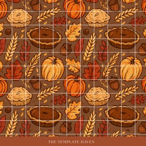 Thanksgiving Seamless Pattern, Pumpkin Pie Fall Digital Paper, Autumn Wheat Leaves Print PNG, Cozy Thanksgiving Background