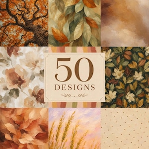 Puede incluir: Una colección digital de 50 diseños con varios patrones, incluyendo un árbol de otoño, hojas superpuestas, texturas marrones abstractas, motivos florales, tallos de trigo y un fondo beige con pequeños puntos marrones, en cuadrícula.