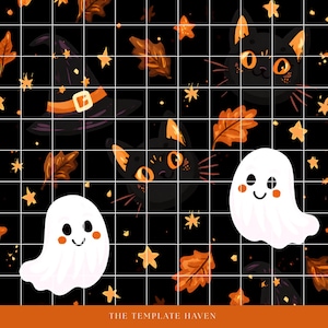 Halloween Seamless Pattern, Cute Black Cat Ghost Digital Paper PNG, Kawaii Witch Autumn Print, Halloween Clipart PDF