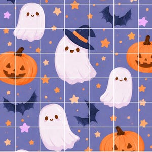Puede incluir: Un patrón digital con fantasmas blancos, calabazas de Halloween naranjas, murciélagos azul oscuro y pequeñas estrellas amarillas y rosas sobre un fondo morado con una cuadrícula blanca. El texto THE DESIGN HAVEN aparece en la parte inferior.