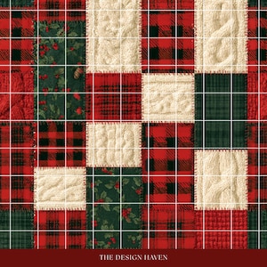 Puede incluir: Una colcha de retazos con una cuadrícula de cuadrados alternos en cuadros rojos y negros, texturas de punto de cable color crema y una tela verde oscuro estampada con bayas de acebo rojas. El texto THE DESIGN HAVEN aparece en la parte inferior.