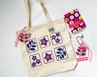 Hand Printed Linocut Plant Tote Bag, 100% organic cotton tote