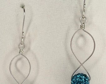 Handmade Silver Infinity Loop Earrings with Sparkling Blue Crystal Beads – Elegant Wirework Dangle Earrings, Lightweight Gift for Her