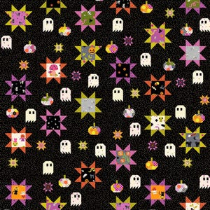 May include: A black quilt featuring a repeating pattern of white ghosts, colorful pumpkins, and multi-colored stars. The fabric displays various small motifs including cats, skulls, and mushrooms within the star centers, all set against a black background with tiny white dots and a lime green border.