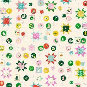 May include: A Christmas-themed quilt with a repeating pattern of colourful ornaments and star shapes. The ornaments feature festive images like trees and gifts, in red, green, pink, and yellow. The background is cream-coloured. The quilt is a patchwork design.