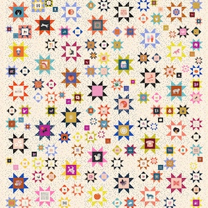 May include: A patchwork quilt with a cream background scattered with black dots. It features numerous star-shaped blocks in various sizes and colours. Each star contains a unique illustration, including animals, food, and objects. The quilt is a mix of geometric and illustrative designs.
