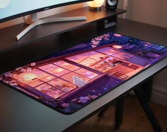 May include: A rectangular mousepad featuring an anime-style illustration of a Japanese-style room with a cat on a window sill. The scene is bathed in warm pink and purple hues, with cherry blossoms and lanterns.