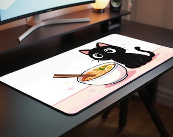 Cute Black Cat Ramen Desk Mat Kawaii Gaming Anime Mousepad Keyboard Pad Desk Accessory  Noodle Cat Lovers Christmas Computer Gift for Gamers