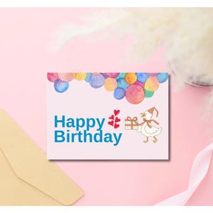 Cartão de aniversário de pato caprichoso Feliz aniversário Download digital instantâneo Pato fofo segurando presente Cartão eletrônico para impressão Cartão de animal engraçado com balão