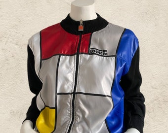 Vintage 1990s Look Wool & Nylon Mondrian Colour Block Zip Track Jacket (M)