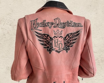 Vintage 00s Harley Davidson "Cycle Queen" Pink Leather Moto Jacket (M)