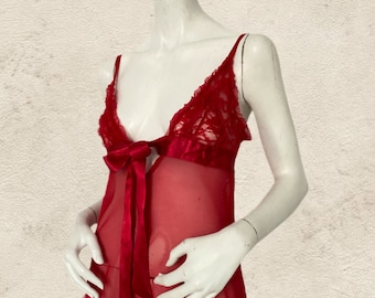 Vintage 1980s Frederick's Of Hollywood Sheer Red Mesh Ruffle Camisole (Small)