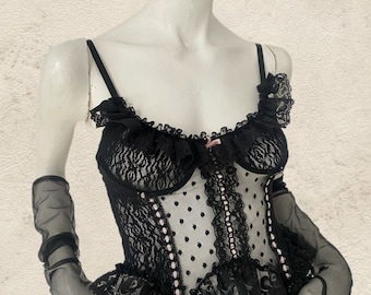 Vintage 1980s Frederick's Of Hollywood Black Lace Peplum Bustier (Medium)