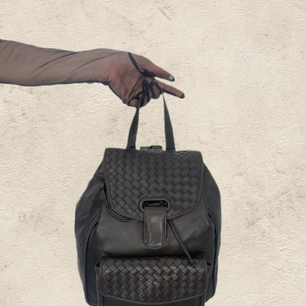 Vintage 1990s Bottega Veneta Woven Leather Drawstring Backpack