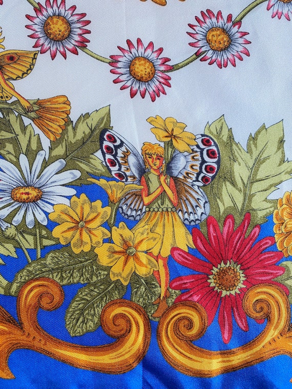 Vintage 100% Silk Sunflower Fairy Butterfly Squar… - image 6