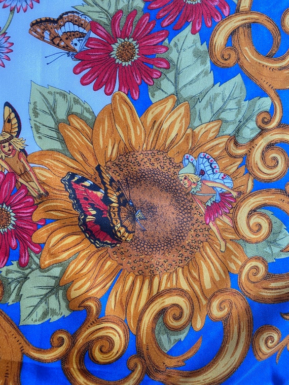 Vintage 100% Silk Sunflower Fairy Butterfly Squar… - image 3