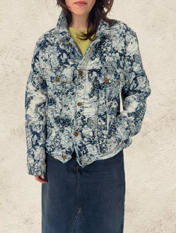 Louis Vuitton, Louis Vuitton Floral Tapestry Distressed Denim Jacket (Size 46)
