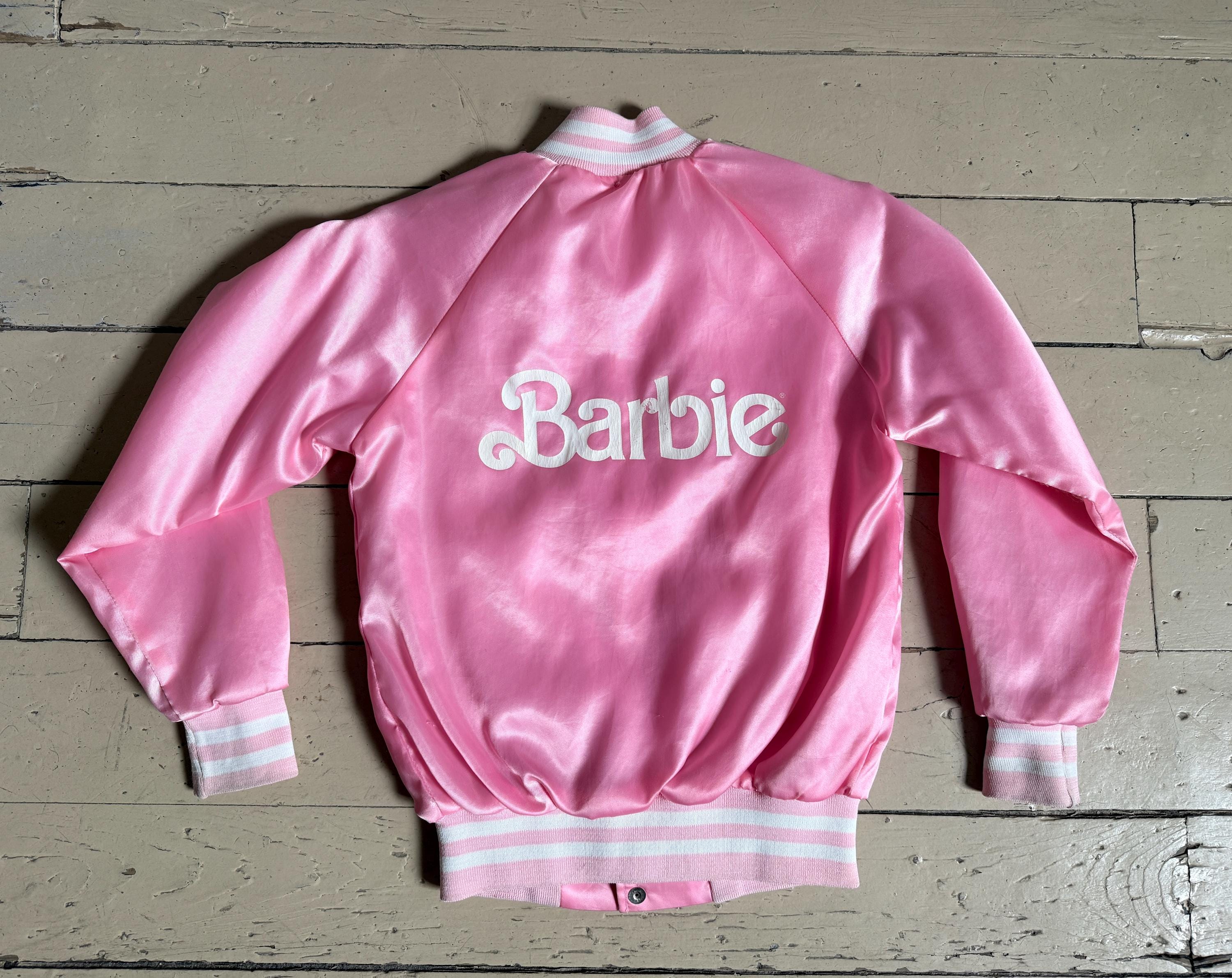 Vintage 1980s Kids Barbie Pink Satin Bomber Jacket (youth M