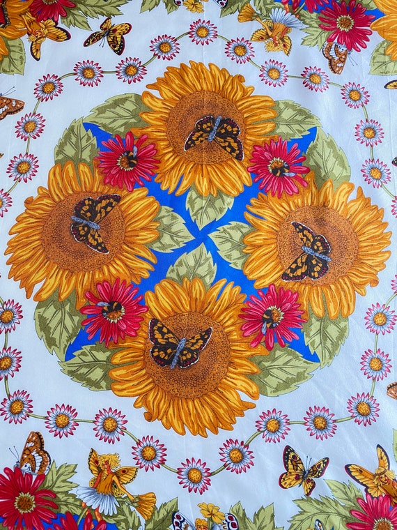 Vintage 100% Silk Sunflower Fairy Butterfly Squar… - image 5