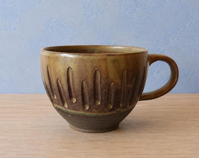 Handmade Carved Ceramic Mug | 14 oz Stoneware Coffee Mug | Rustic Brown & Green Pottery Cup