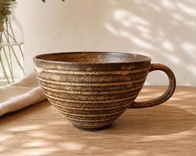 Handmade Cappuccino Cup – Matte Earthy Glaze Latte Mug | 14 oz Brown & Sand Stoneware Pottery Coffee Cup