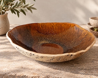 Large Handmade Ceramic Bowl | Organic Stoneware Serving Bowl | Amber Brown Pottery Bowl | Wabi Sabi Centerpiece | Rustic Home Decor