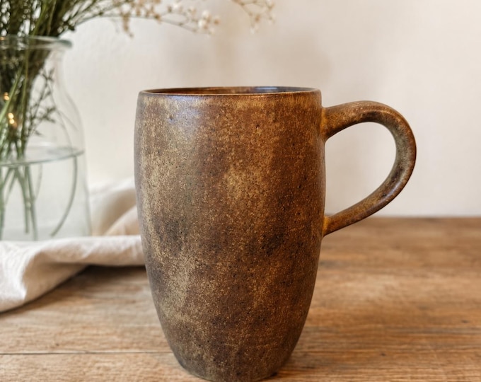 Handmade Ceramic Mug | 14 oz Stoneware Mug | Shino Glaze Brown Coffee Mug | Slim Wheel Thrown Pottery Mug