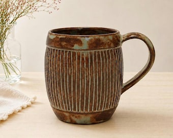 Handmade Carved Ceramic Mug | 11 oz Stoneware Coffee Mug | Rustic Brown & Green Pottery Cup