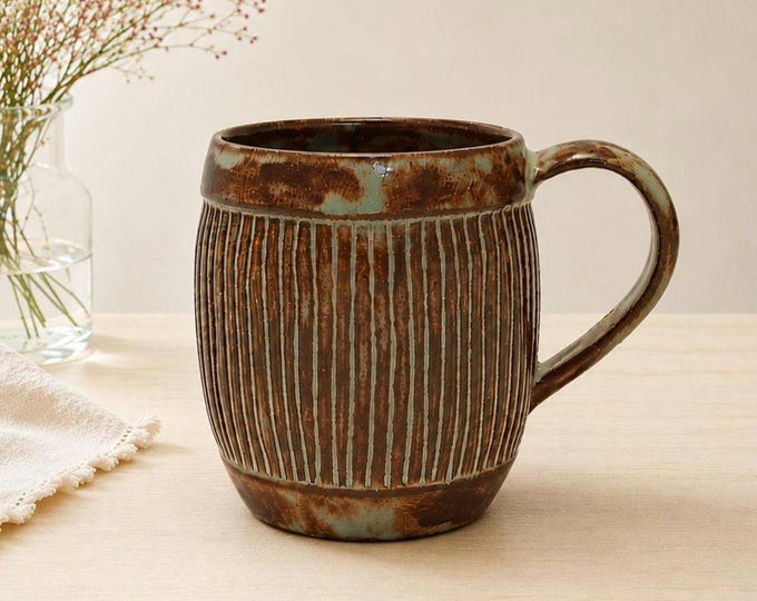 Handmade Carved Ceramic Mug | 11 oz Stoneware Coffee Mug | Rustic Brown & Green Pottery Cup