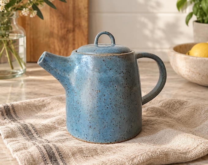 Handmade Blue Ceramic Teapot | Stoneware Tea Pot | Loose Leaf Tea | Built-In Strainer | OOAK Tea Lover Gift | 16 fl oz