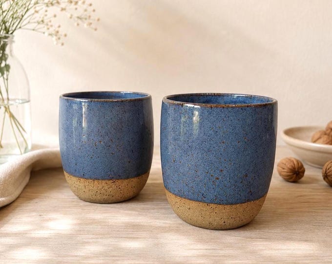 Handmade Ceramic Cup | Small Blue Pottery Cup | Stoneware Tumbler | 10 oz Minimalist Coffee Cup