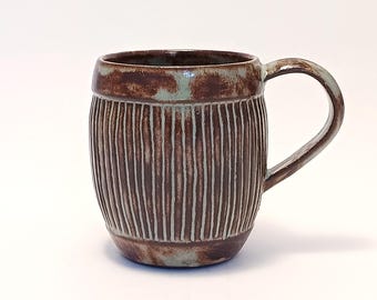 Handmade Carved Ceramic Mug | 11 oz Stoneware Coffee Mug | Rustic Brown & Green Pottery Cup