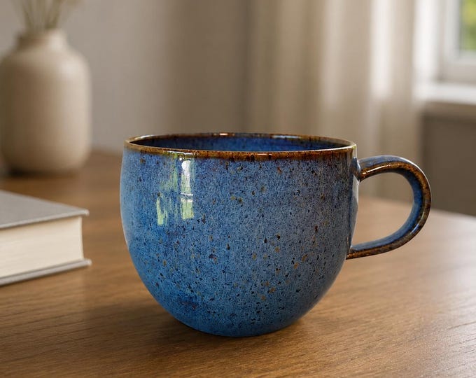 Handmade Sky Blue Mug | Curvy Ceramic Tea Cup | Cappuccino Cup & Latte Mug | Stoneware Pottery Coffee Cup