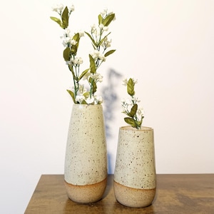 K&ouml;nnte beinhalten: Zwei gesprenkelte Keramikvasen, eine hohe und eine niedrige, mit beigefarbenem Sockel. Beide Vasen sind mit wei&szlig;en Blumen und gr&uuml;nen Bl&auml;ttern gef&uuml;llt. Die neutralen Farben passen in jedes Zuhause.