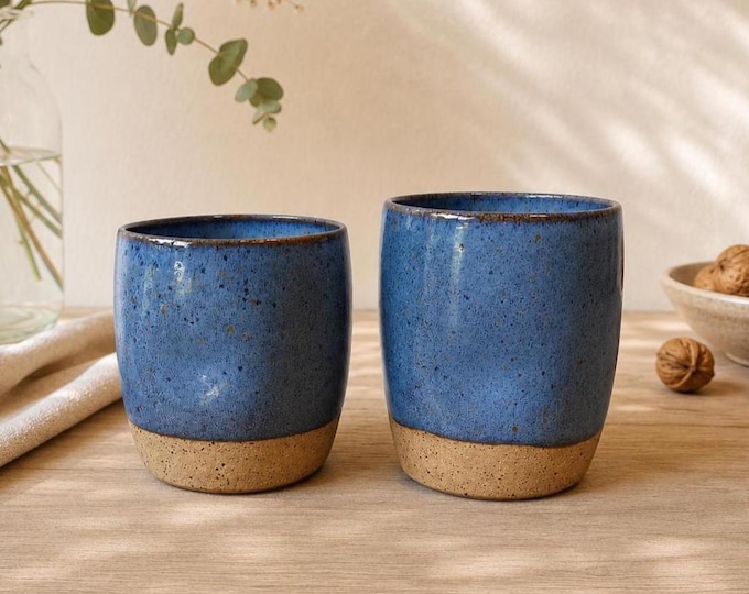 Handmade Ceramic Thumbprint Cup | Small Blue Pottery Tumbler | Stoneware Cup | Thumb Rest Mug