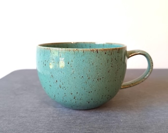 Handmade Turquoise Mug 15 oz | Curvy Ceramic Tea Cup | Cappuccino & Latte Mug | Stoneware Coffee Cup
