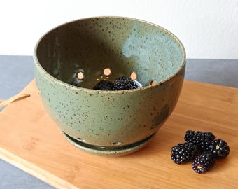 Handmade Ceramic Berry Bowl Set | Turquoise Green Fruit Colander with Draining Plate | Artisan Stoneware Pottery #1