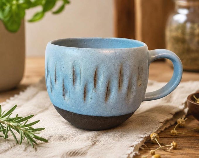 Handmade Ceramic Mug | Blue Mug | 12 oz Pottery Coffee Mug | Wheel Thrown Stoneware Tea Cup