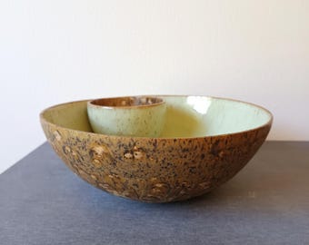 Handmade Ceramic Chip and Dip Bowl | Sage Green and Natural Brown Pottery Serving Dish | Rustic Speckled Clay Snack Bowl #2