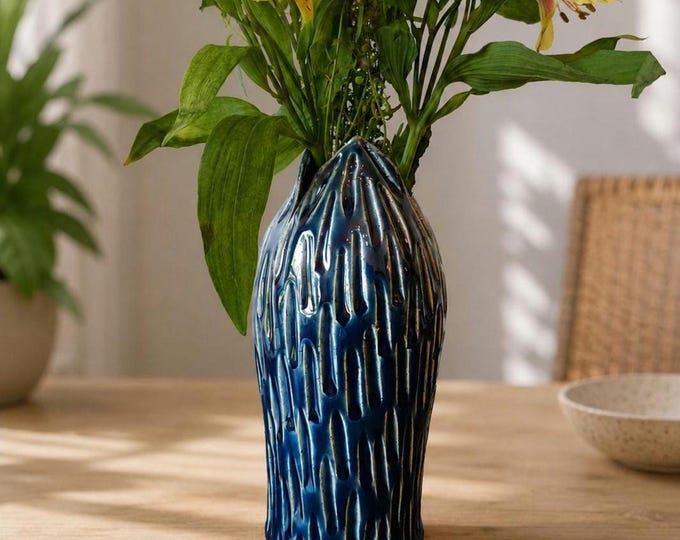 Handmade French Blue Ceramic Blossom Vase | Wheel-Thrown Pottery | Bloom-Inspired Stoneware Vessel
