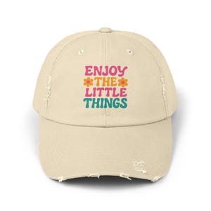 Enjoy the Little Things Flower Cap: Distressed Cotton Twill Hat