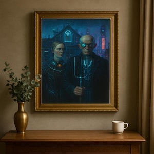 Pôster Cyberpunk American Gothic | Impressão de Arte Futurista | Arte de Parede Moderna de Ficção Científica | Paródia de Pintura Gótica | Decoração de Quarto Gamer