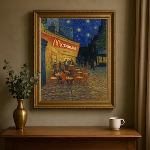 Van Gogh McDonald&#39;s Poster | Funny Modern Art Print | Cafe Terrace Parody | Fast Food Wall Decor | Unique Art Gift