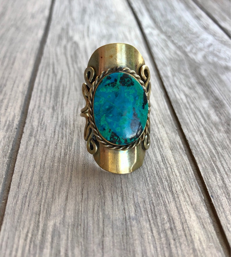 Vintage Turquoise Ring Adjustable Brass Statement Ring Etsy