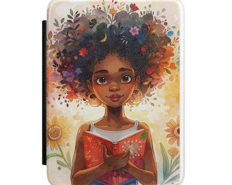 Funda para Kindle con ilustración floral de una chica afroamericana leyendo