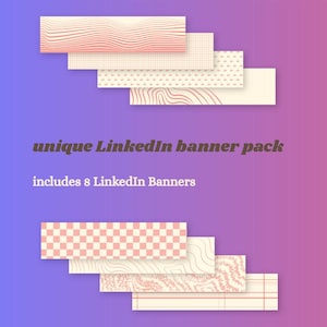 May include: A collection of eight unique LinkedIn banner designs. Each banner features a different pattern in shades of peach and cream, including wavy lines, grids, and topographic designs. The text reads "unique LinkedIn banner pack" and "includes 8 LinkedIn Banners."